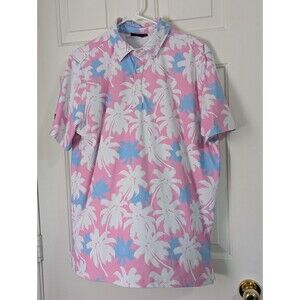Sunday Swagger Golf Polo Mens Large Pink Blue Palm Trees Stretch Miami Tropical